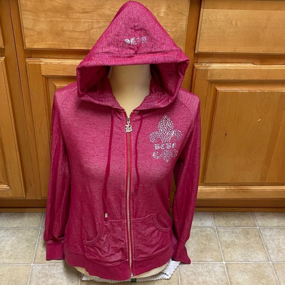 BCBGMAXAZRIA Pink Hoodie with Rhinestone Zipper Charm Size M